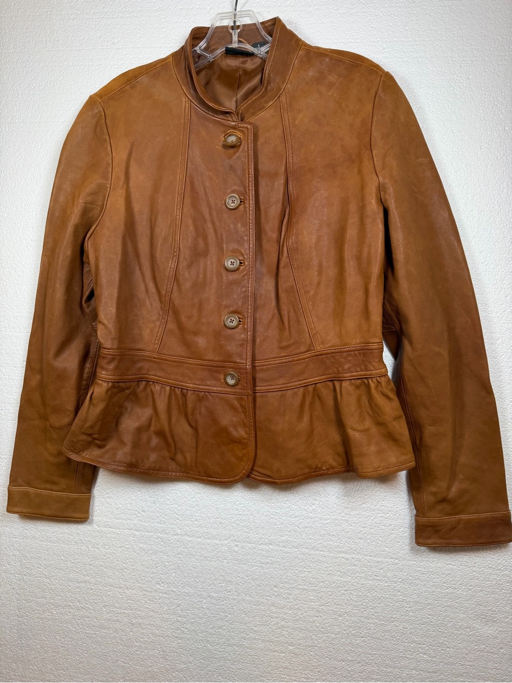 a.n.a Brown Leather Peplum Button-Front Jacket